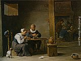 A man and woman smoking a pipe seated in an interior with peasants playing cards on a table